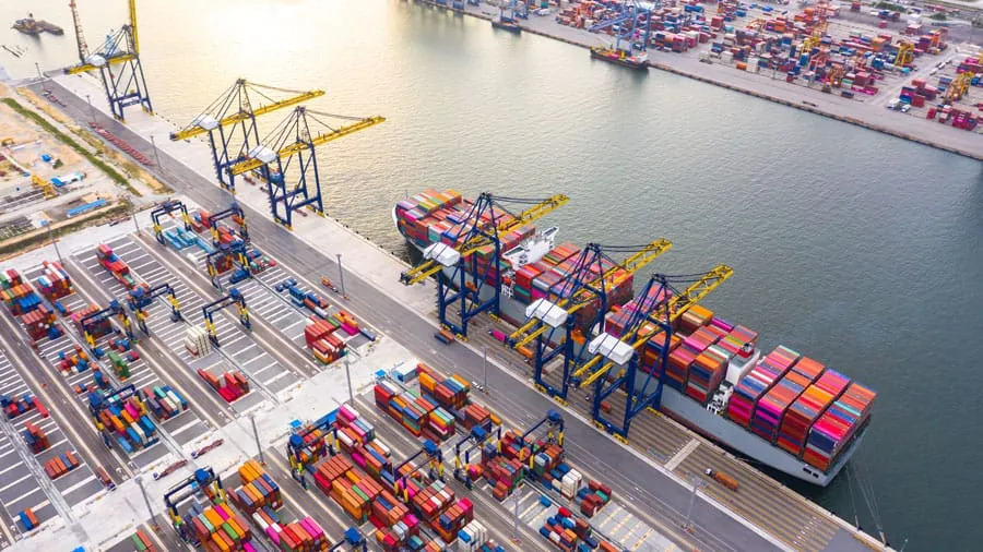 Grúas de puerto descargando contenedores de un buque, la carga que revisa Aduana al ingresar a Chile