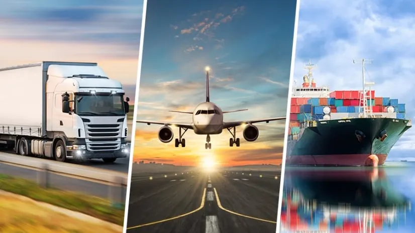 Camión, avión y buque de carga representando una operación de transporte multimodal